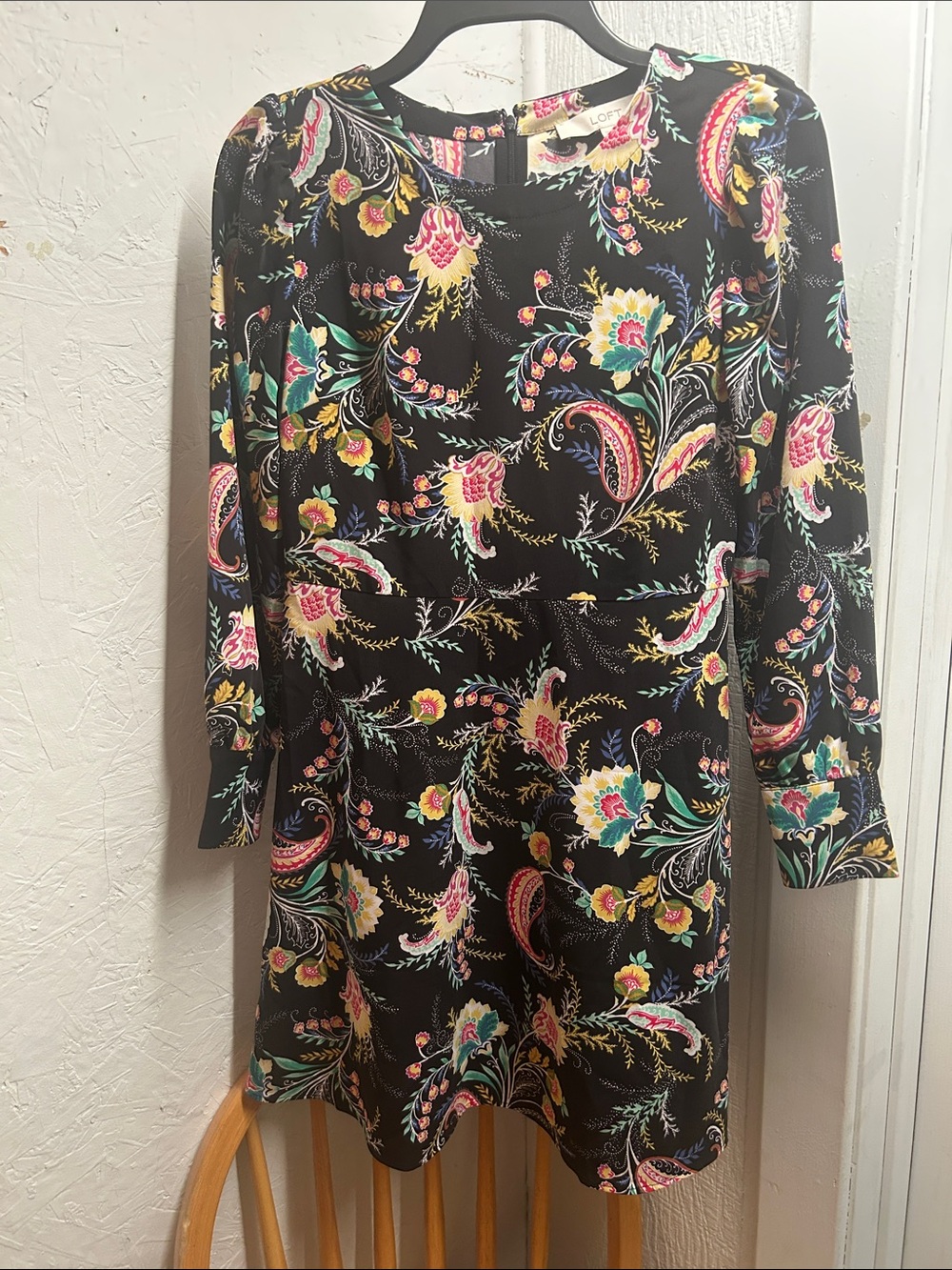 LOFT Black Floral Paisley Long-Sleeve Dress OLIDB
